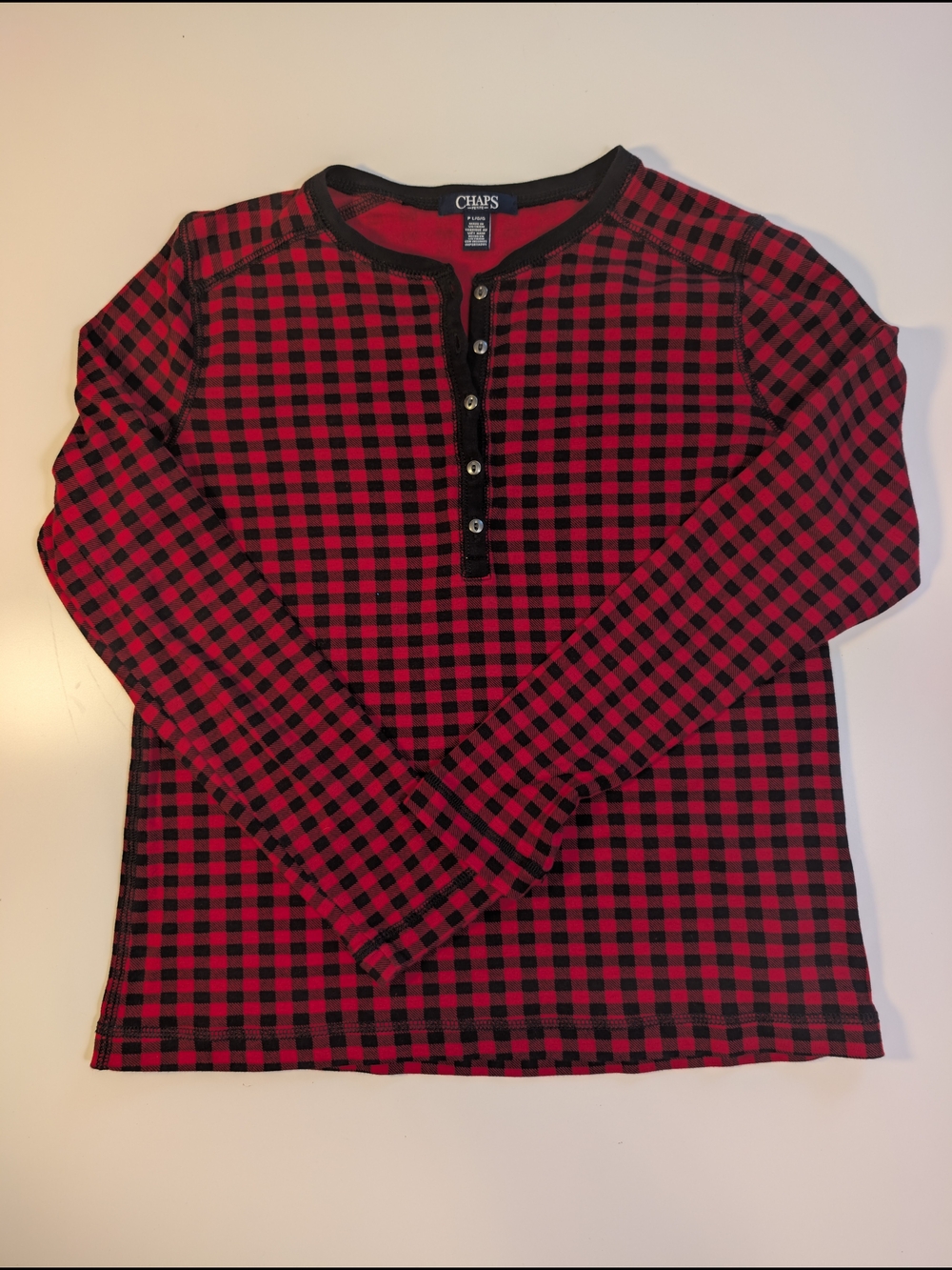 Chaps Petite Large Henley Top Red Black Plaid Buffalo Check Long Sleeve Cotton